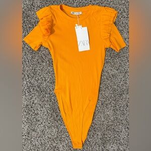 Zara Bright Orange Ruffle Sleeve Bodysuit